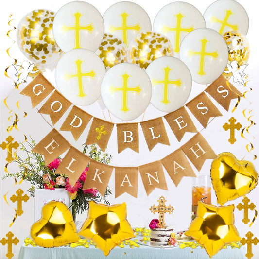 Personalized baptism decorations with gold cross balloons, bunting, table flowers, and cake.