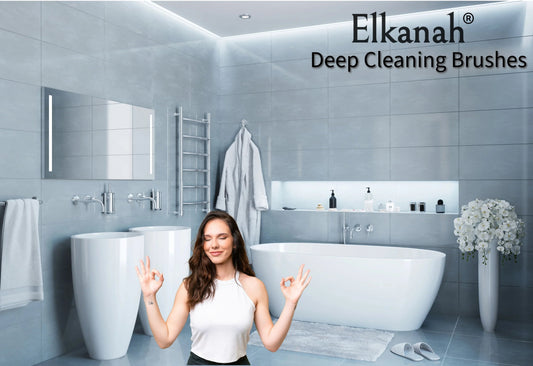 Modern bathroom with Elkanah Deep Cleaning Brushes branding, woman in white shirt meditating