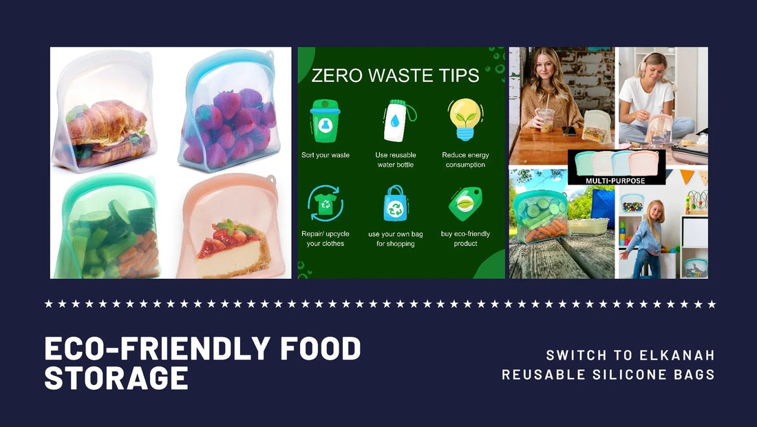 Eco-friendly reusable silicone food storage bags with various foods and zero waste tips.