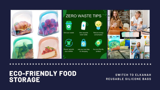 Eco-friendly reusable silicone food storage bags with various foods and zero waste tips.