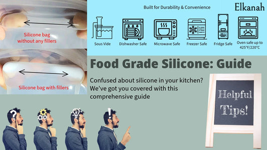 Food grade silicone guide comparing silicone bags with and without fillers, kitchen-safe icons.