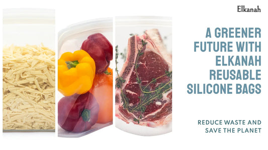 Elkanah reusable silicone bags storing cheese, bell peppers, and steak for eco-friendly food storage