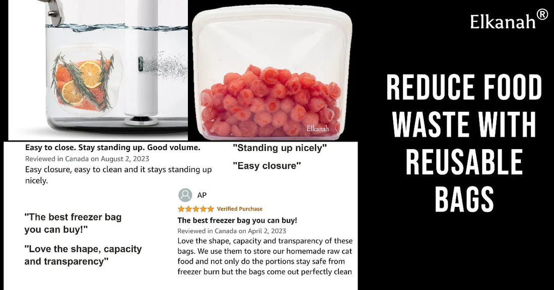 Reusable silicone freezer bag filled with red pasta, product reviews, and 'reduce food waste' text.