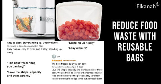 Reusable silicone freezer bag filled with red pasta, product reviews, and 'reduce food waste' text.