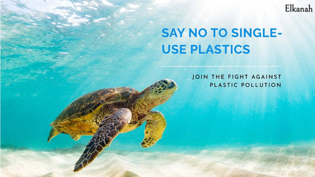 Sea turtle swimming underwater with 'Say no to single-use plastics' text for plastic pollution awareness