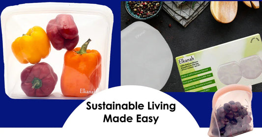 Reusable silicone food storage bags with fresh vegetables and grapes, eco-friendly Elkannah packaging.