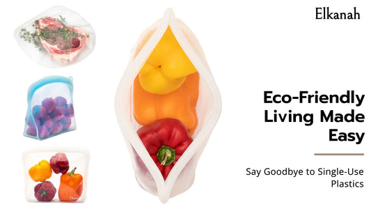 Reusable silicone food storage bags with fruits, vegetables and meat, eco-friendly living message