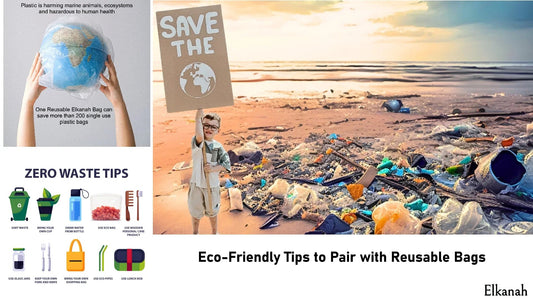Zero waste tips infographic, reusable bags, and a child at a trash-filled beach holding a save the earth sign.