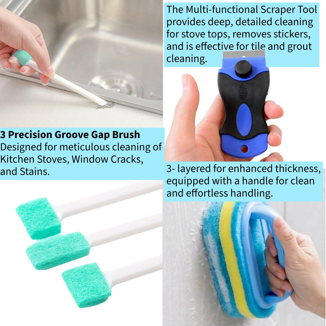Cleaning tools for small spaces including groove brushes, scraper tool, and handled sponge.