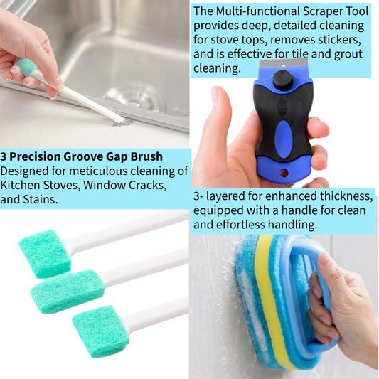 Cleaning tools for small spaces including groove brushes, scraper tool, and handled sponge.