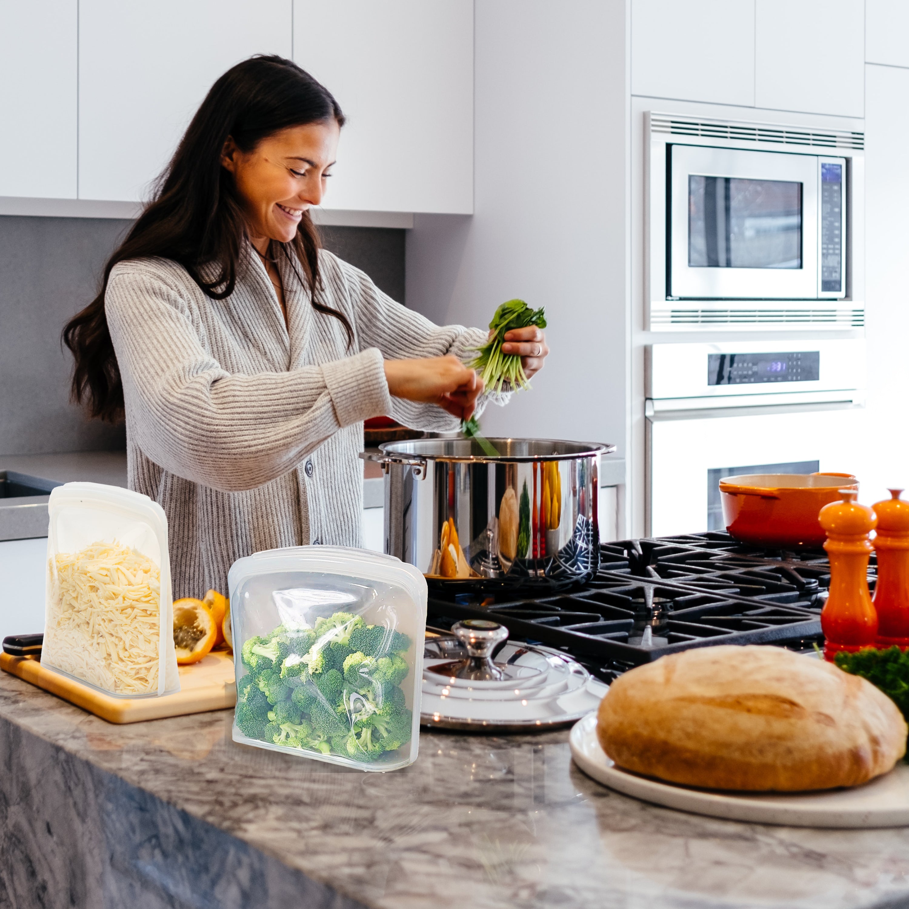 reusable bags, ziplock bags, eco-friendly, multipurpose, freezer organization, fridge organization, kitchen organization, BPA free, non-toxic, camping food containers, Silicone Containers, Reuse Gallon Bags, Extra Large food storage bags, pizza storage