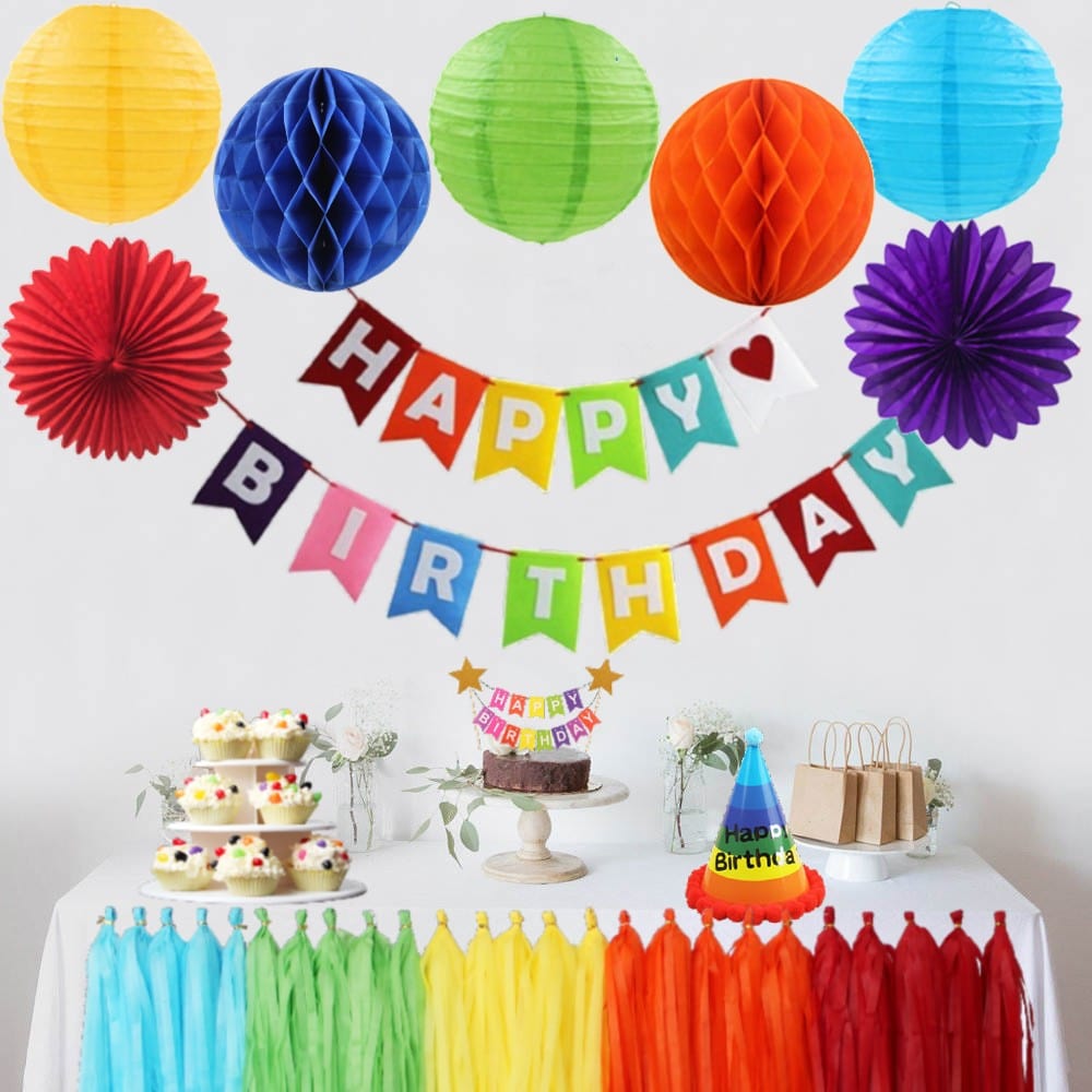 Happy Birthday Banner Rainbow Party Decorations Happy Birthday Cake Topper Birthday Decorations elkanah.store